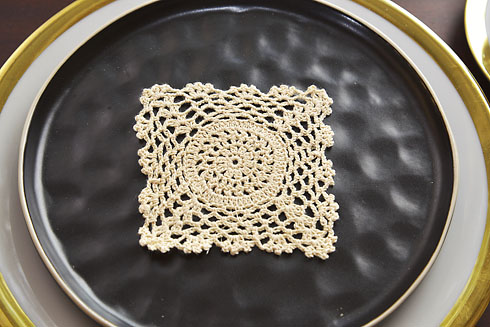 square crochet doily. 4" square. wheat color. 12 pieces